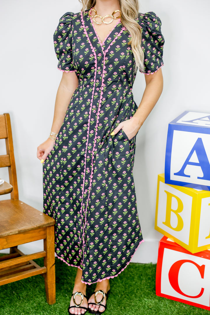 Breezy Bloom Midi Dress "Black"