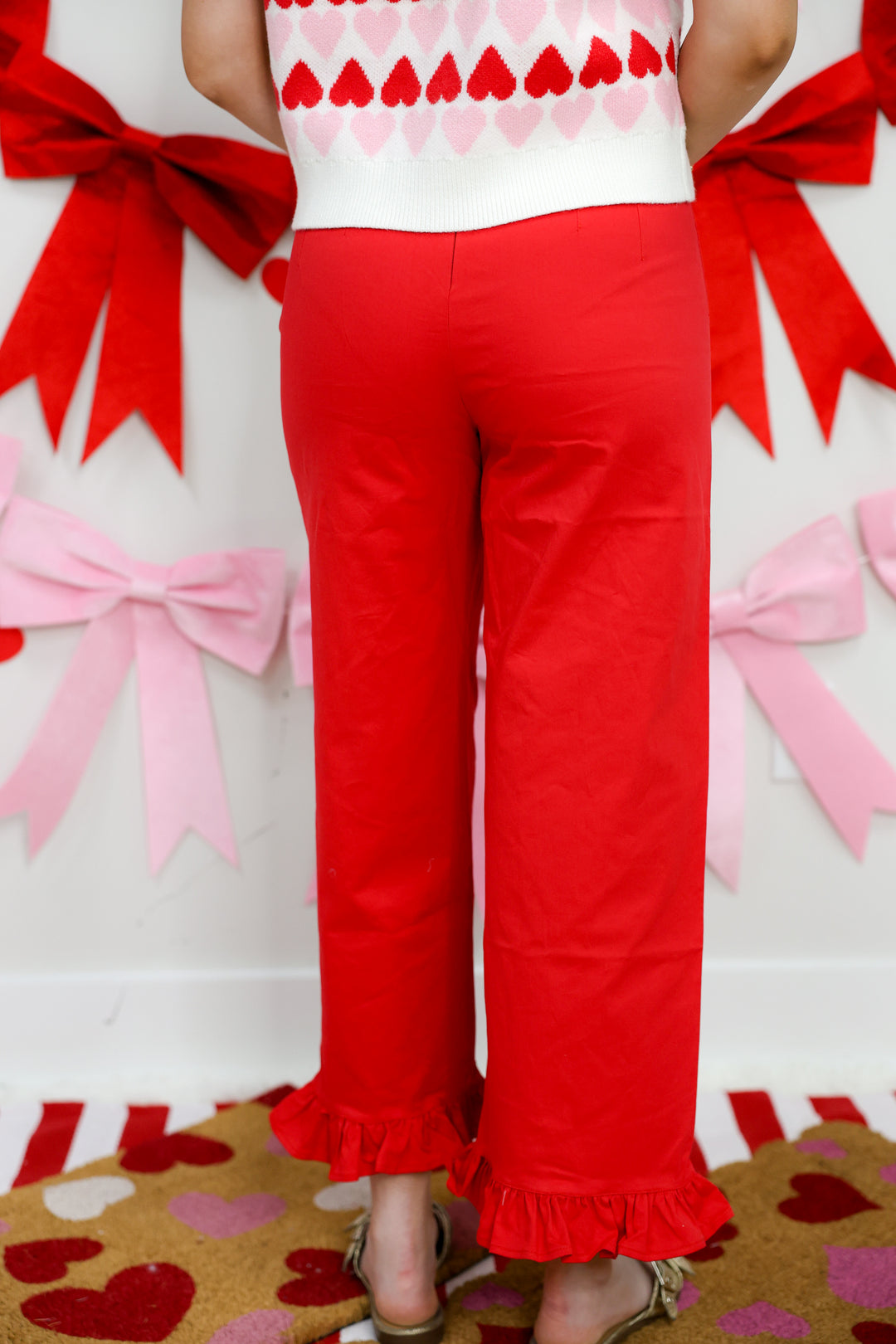 Straight Leg Ruffled Hem Pants "Tomato"