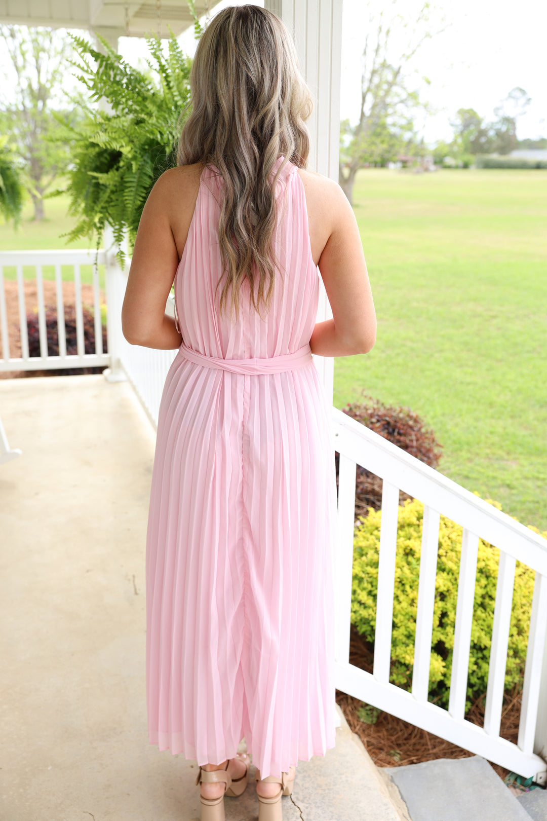 Pink Pleated Midi Dress