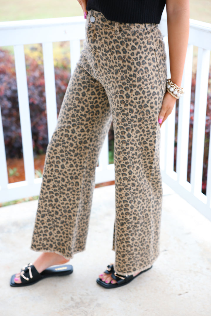 Mid Rise Leopard Twill Denim Frayed Hem Wide Leg Pants