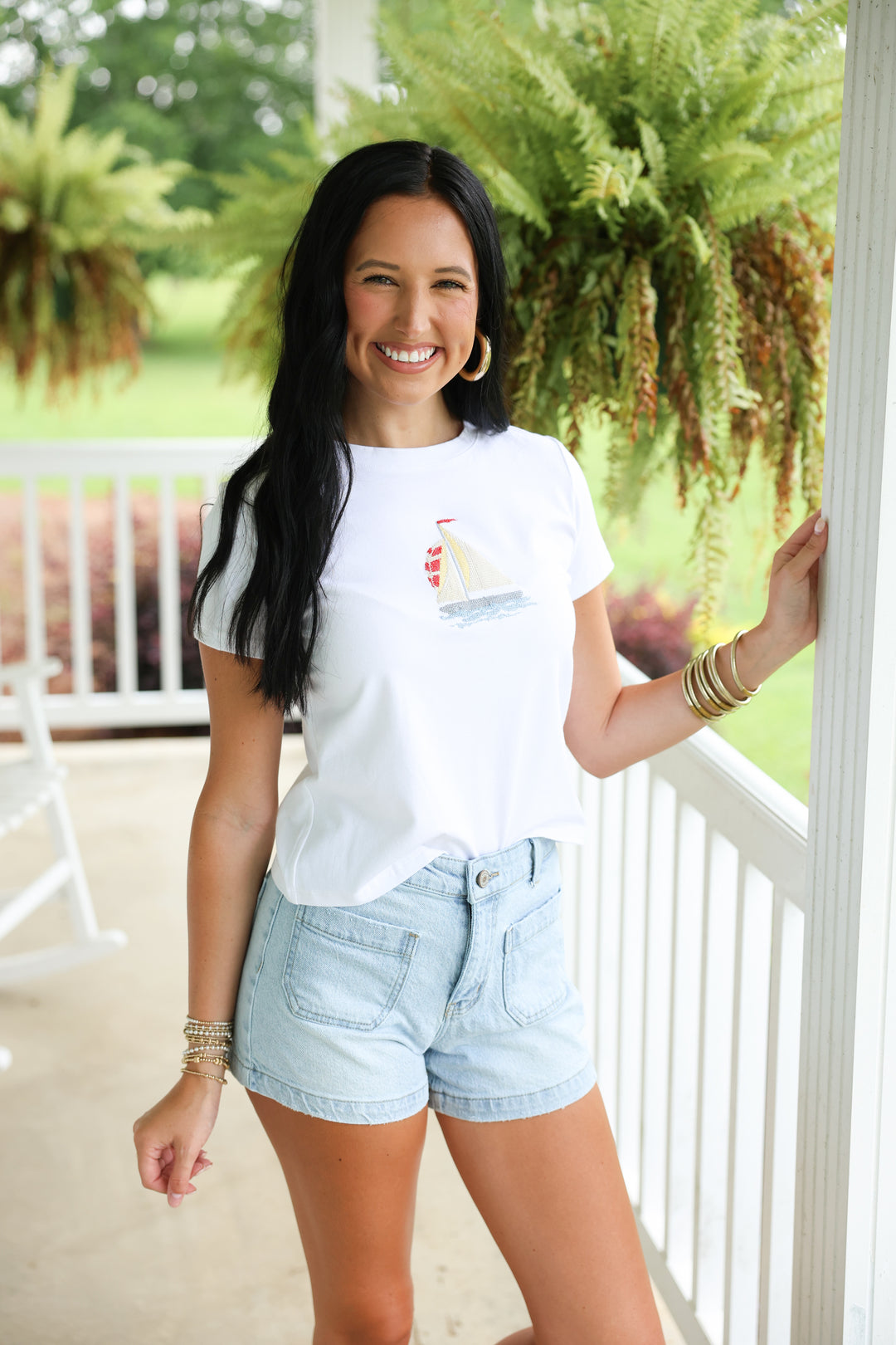 Embroidered Sailboat Graphic Tee "Off White"