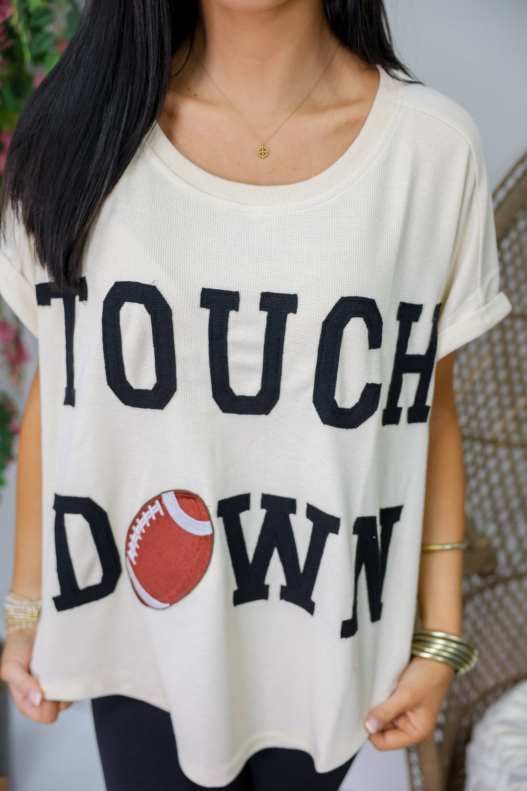 Gameday Touchdown Letter Patches Waffle Top "Oatmeal"