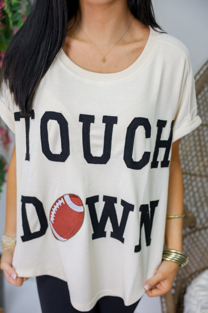 Gameday Touchdown Letter Patches Waffle Top "Oatmeal"