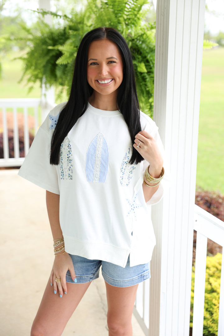 Casual Floral Detail Knit Top "Sky"