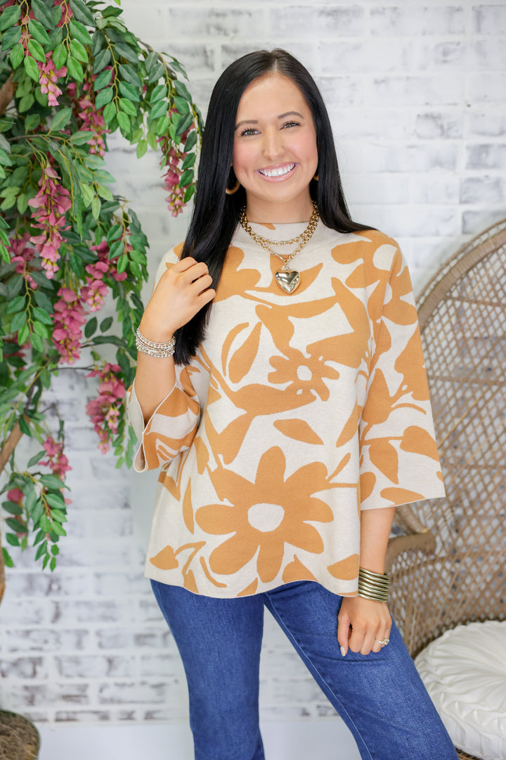Floral Pattern Jacquard Knit Bell Sleeve Sweater "Taupe/Camel"