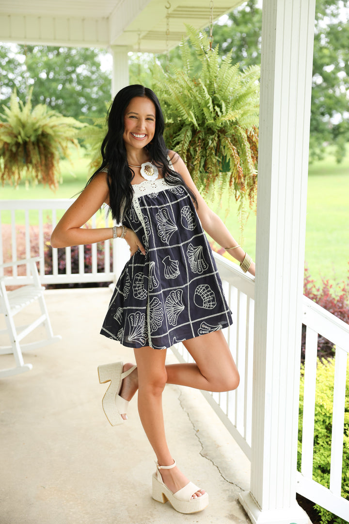 Eyelet Lace Trim Babydoll Mini Dress "Navy"