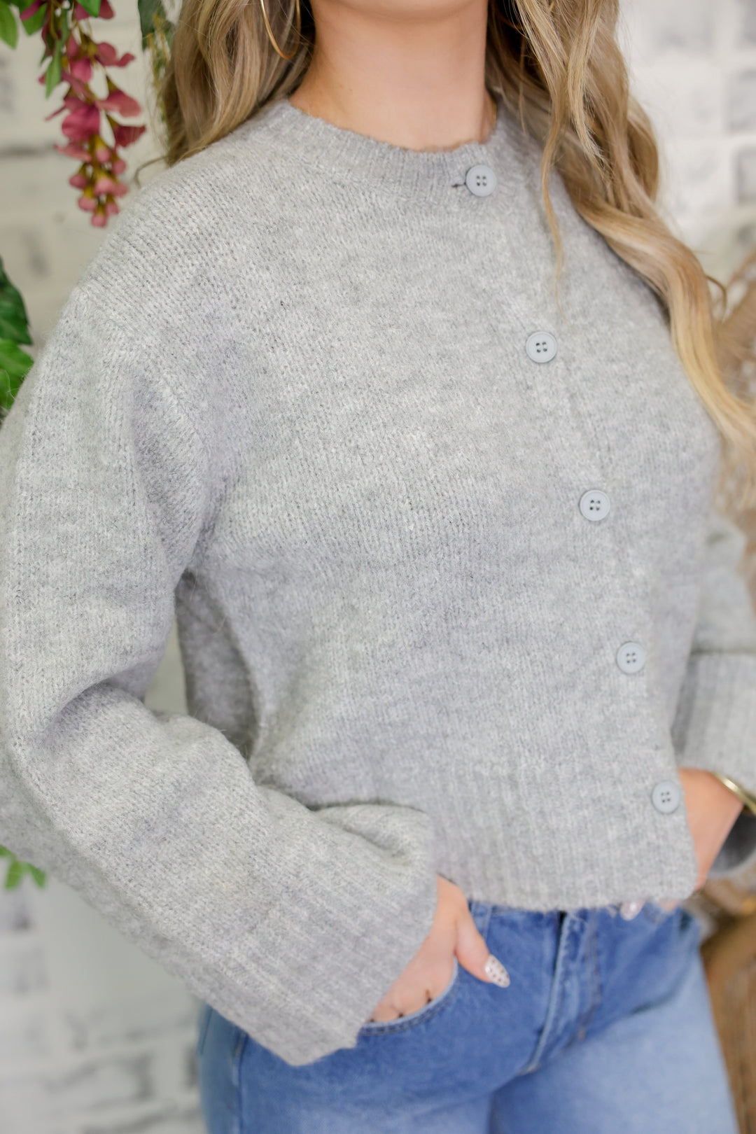 Button Front Long Sleeve Cardigan "Heather Grey"