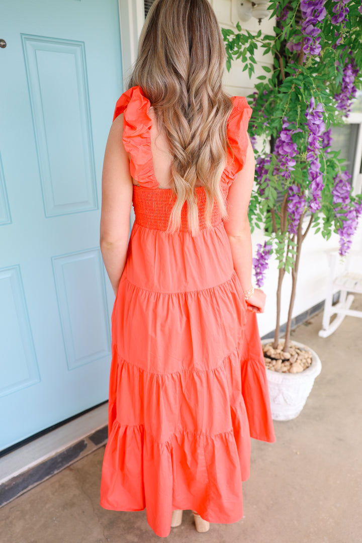 Poplin V-Neck Maxi Dress "Coral"