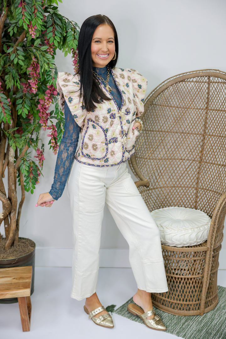 Floral Print Quilted Puff Ruffle Sleeve Vest "Ecru"