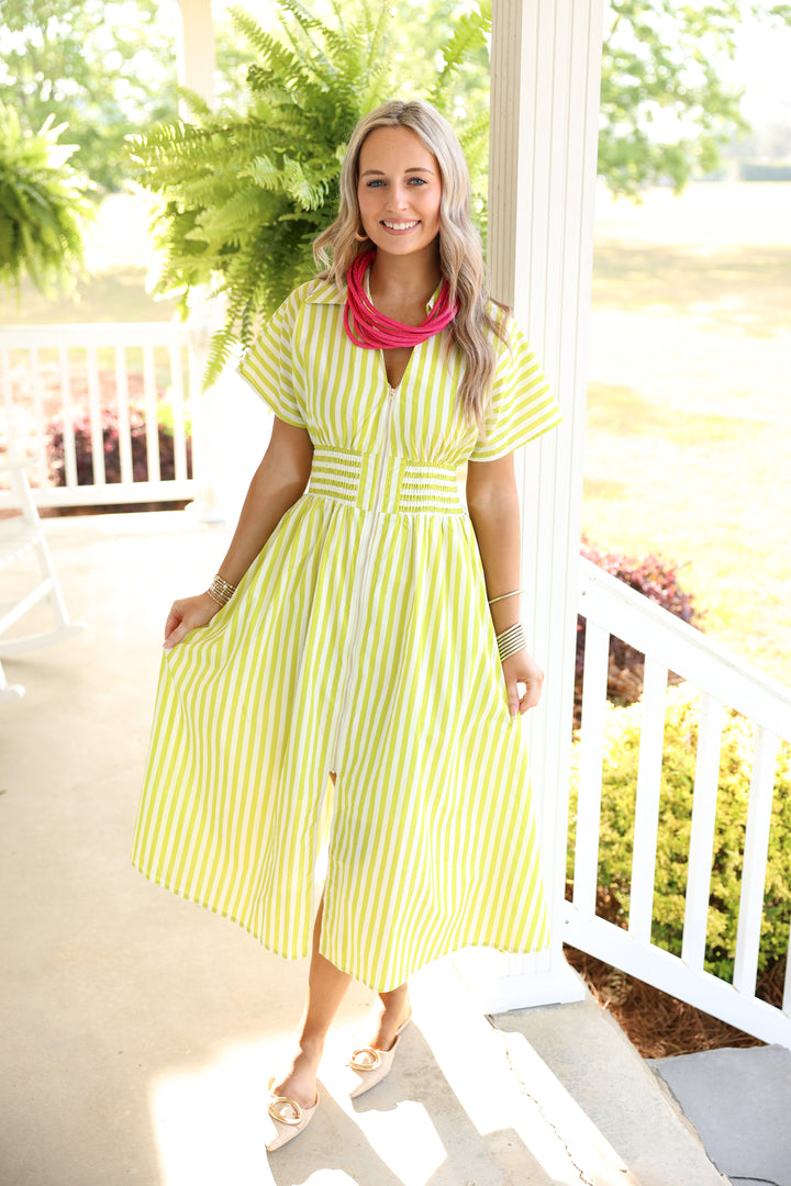 Gracious Stripes Zipper Midi Dress "Lime"