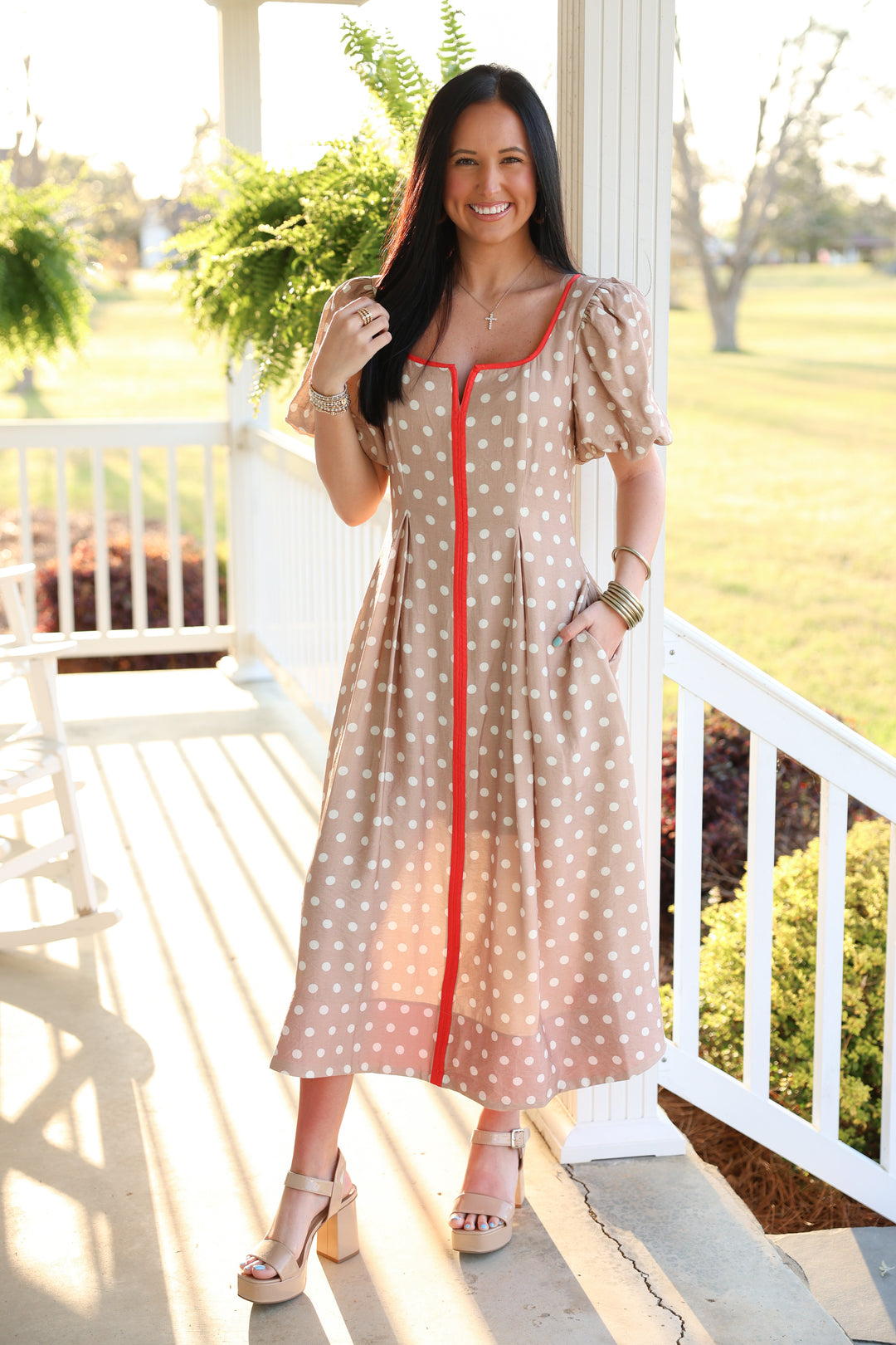 short sleeve polka dot dress The Simone Polka Dot Midi Dress Sand / M
