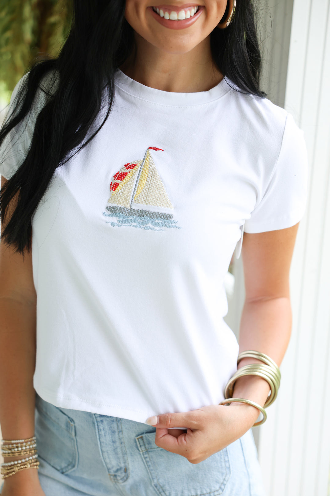 Embroidered Sailboat Graphic Tee "Off White"