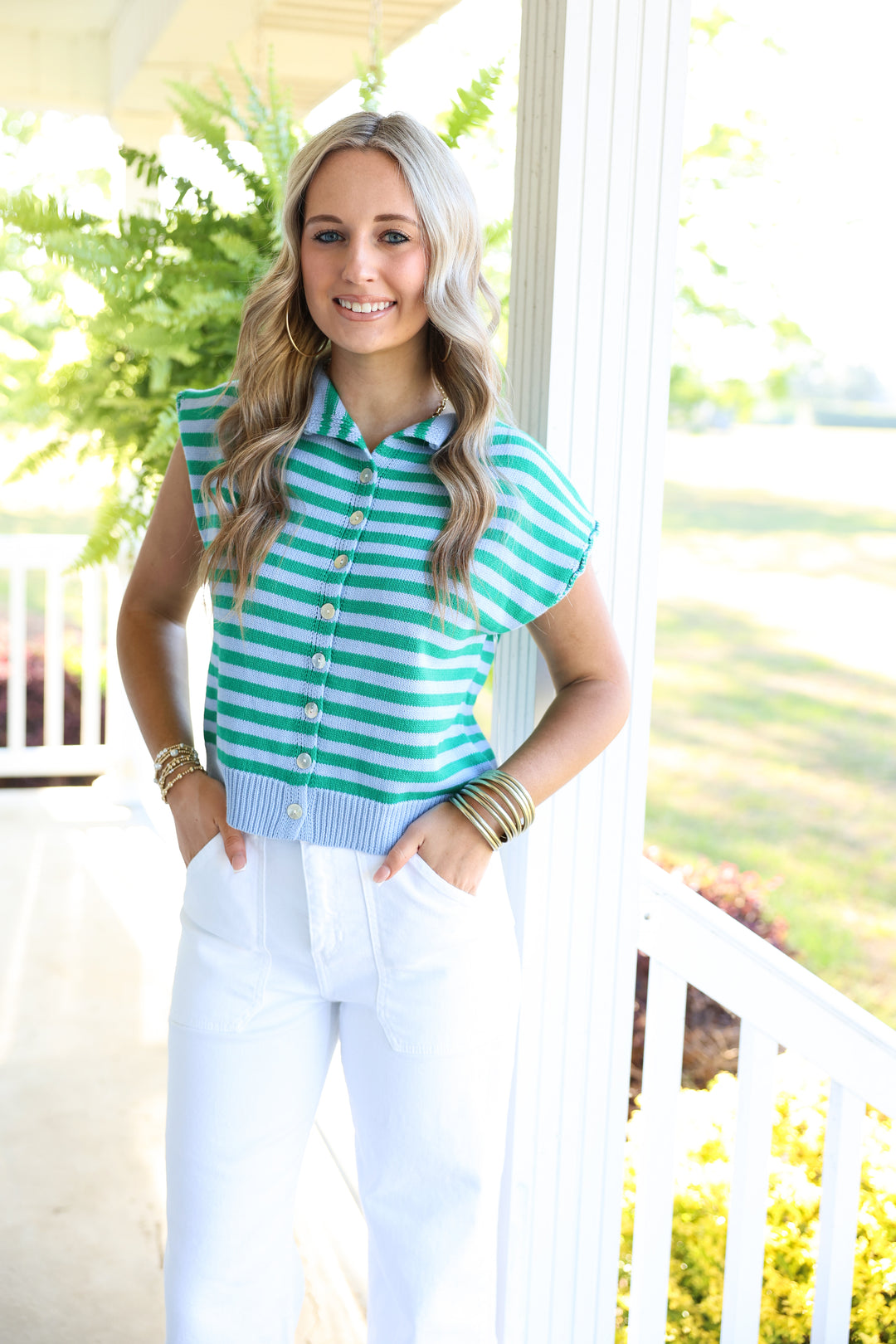 Striped Sleeveless Button Down Top "Blue"