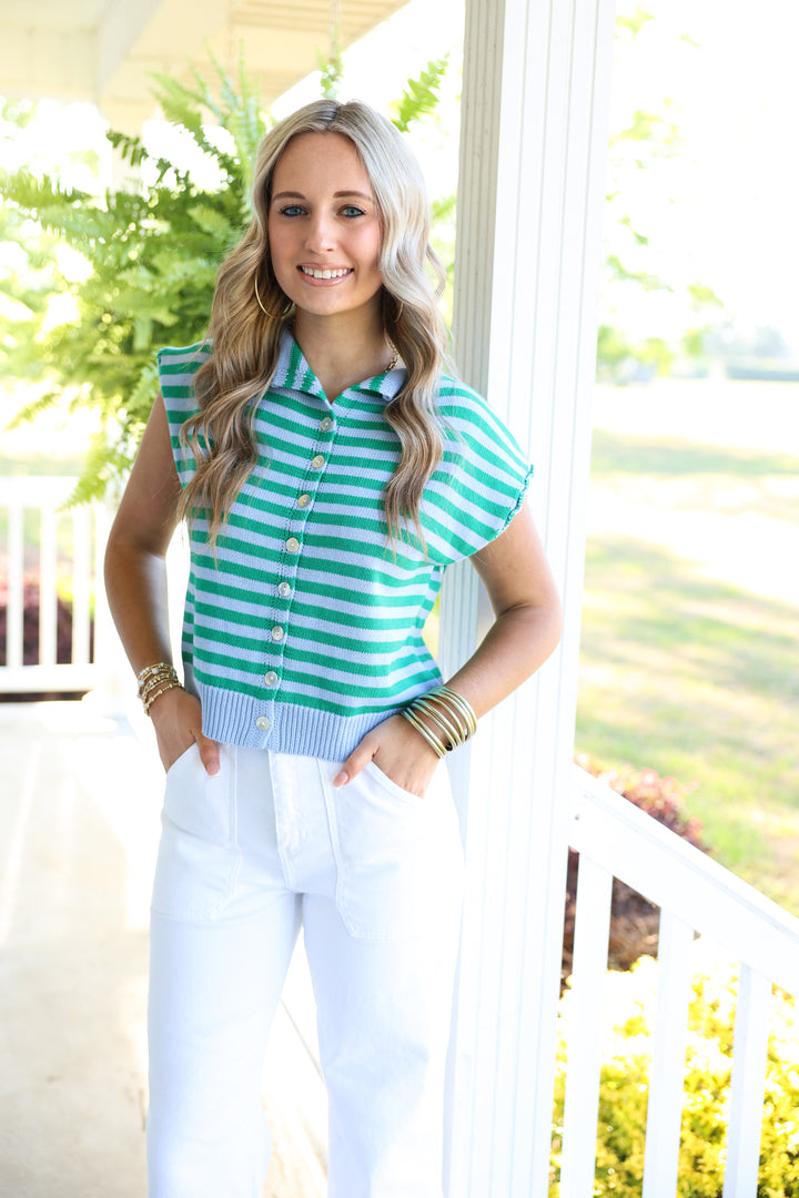 Striped Sleeveless Button Down Top "Blue"
