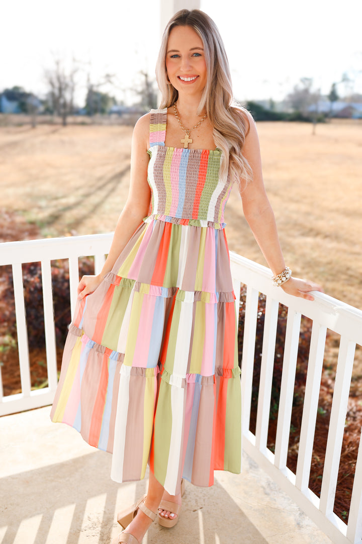 Sassy Striped Midi Dress "Pastel Multi"