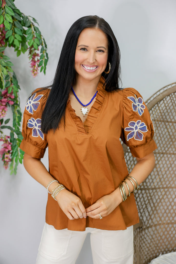Floral Embroidered Sleeve Top "Caramel"