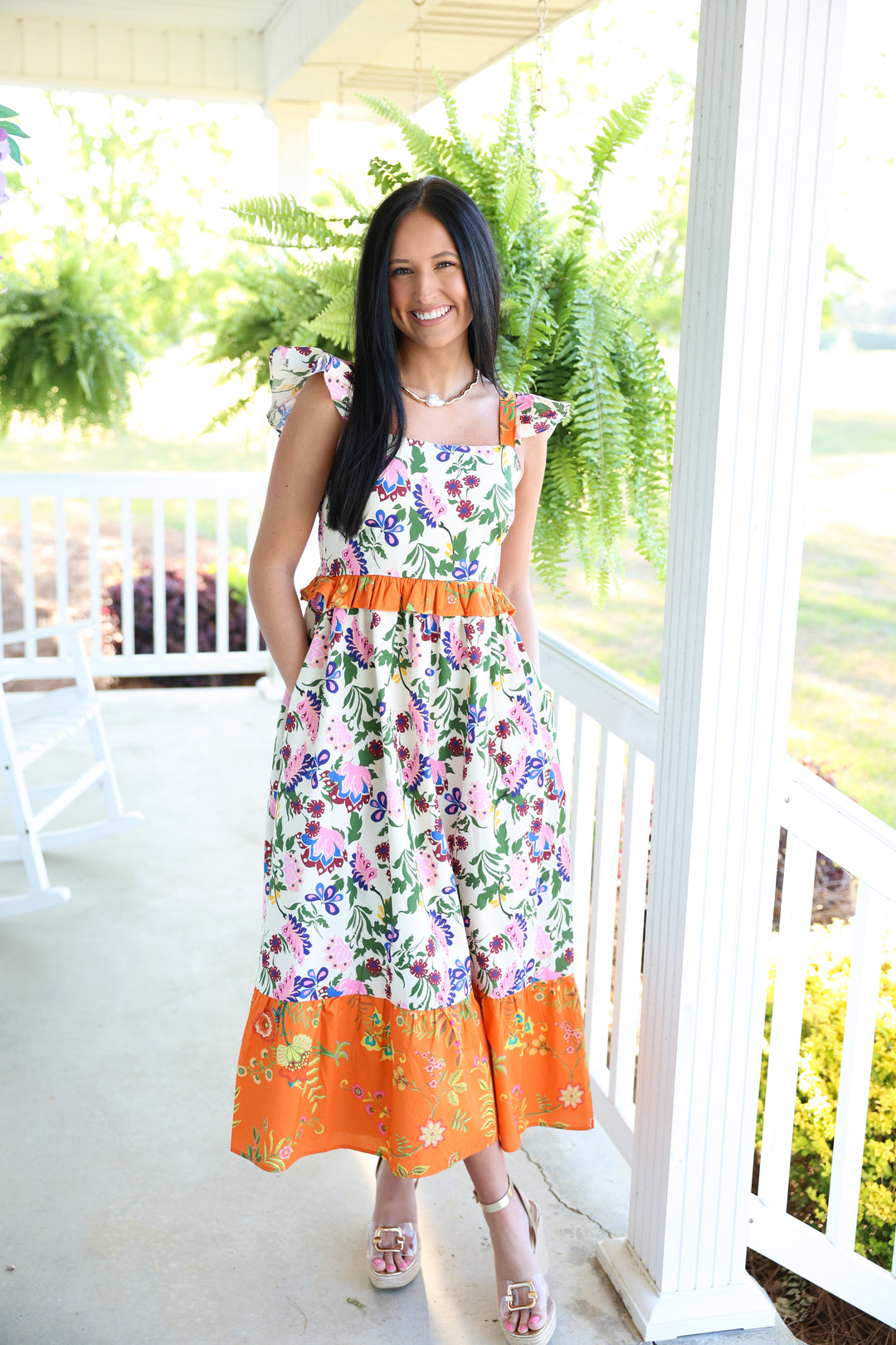 Exotic Garden Party Midi Dress "Orange Multi"