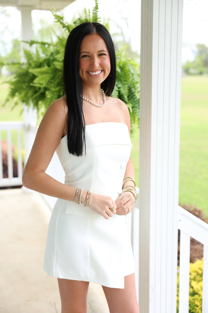 Strapless Collared Tailored Bodycon Mini Dress "White"