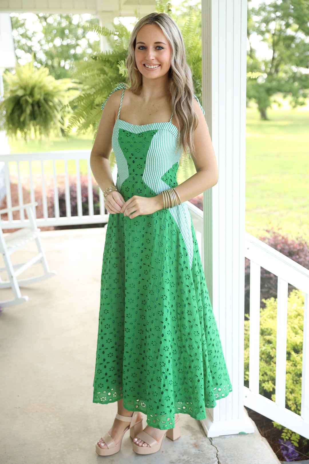 green eyelet maxi dress Cotton Eyelet Stripe Maxi Dress 