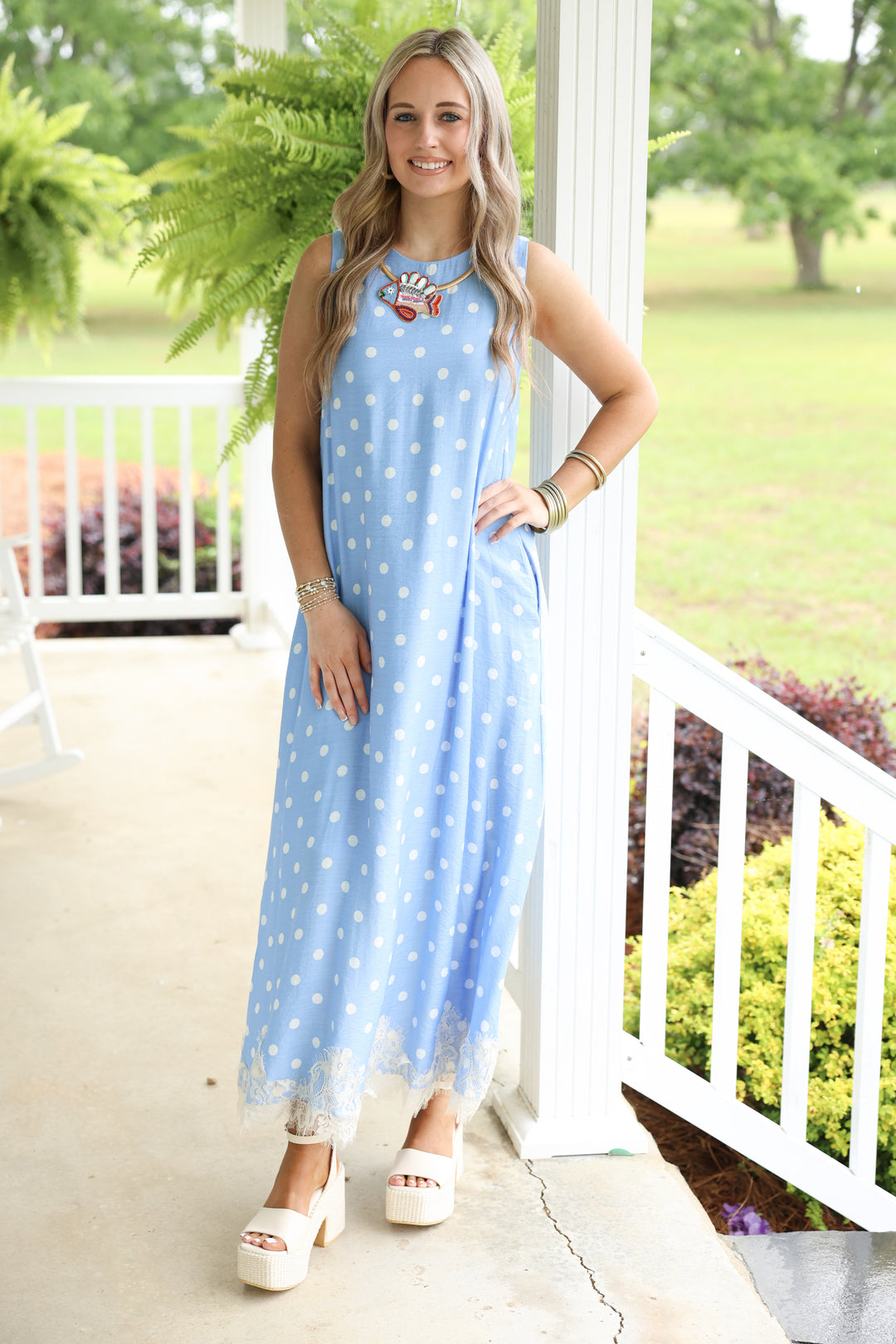 Polka Dot Sleeveless Midi Dress W/ Lace Trim Hem "Blue"