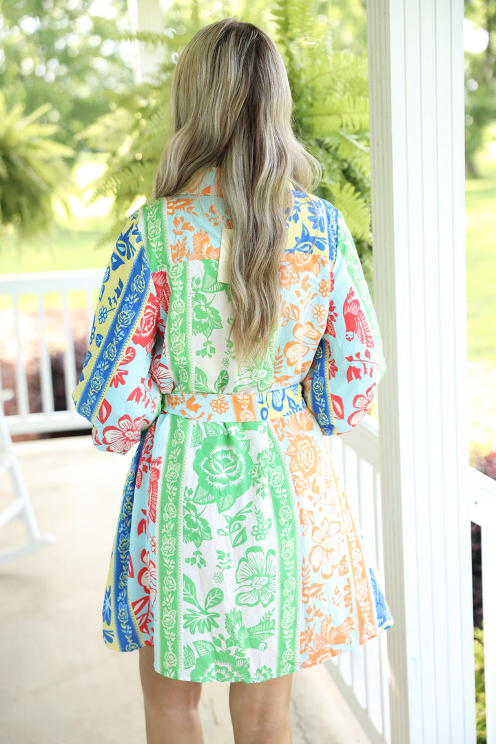 Botanical Stripe Print 3/4 Puff Sleeve Mini Dress "Green Multi"