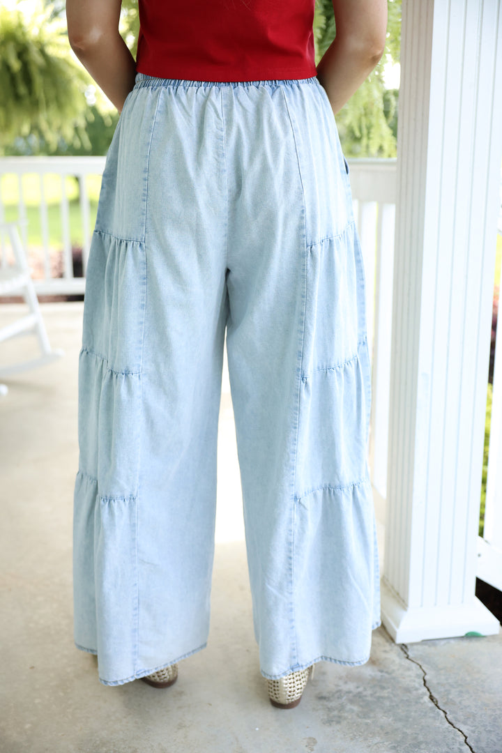 Tiered Layers Mineral Washed Chambray Pants "LT Indigo"