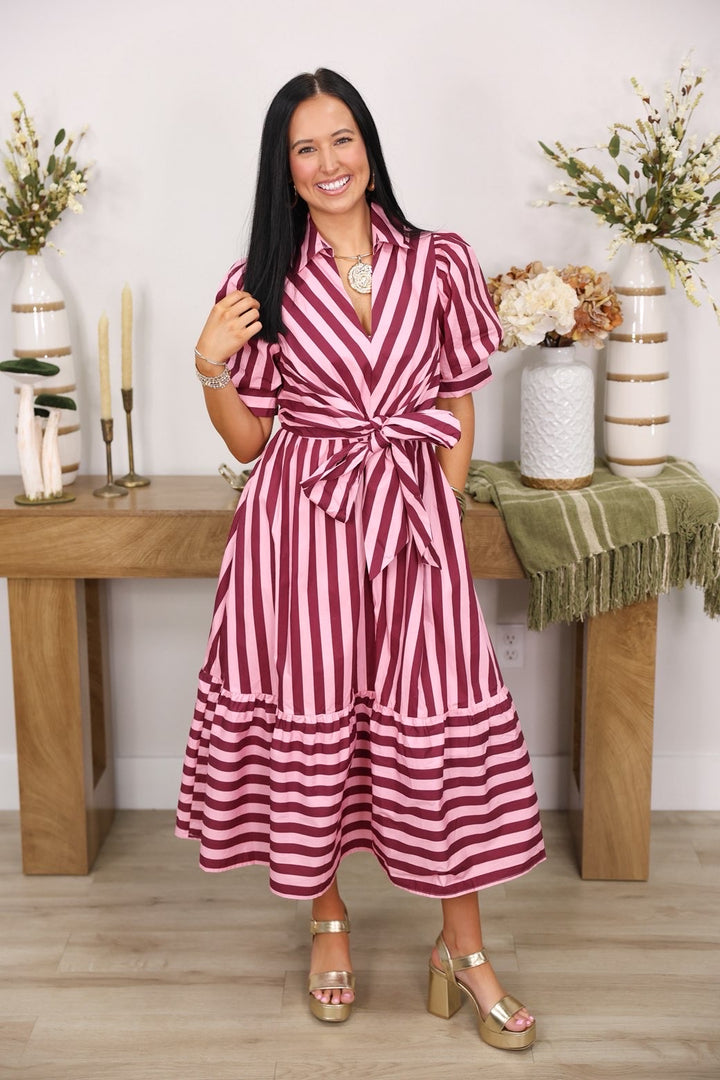 Sally Striped Collared Short Puff Sleeve Midi Dress W/ Front Tie Detail "Pink Wine"