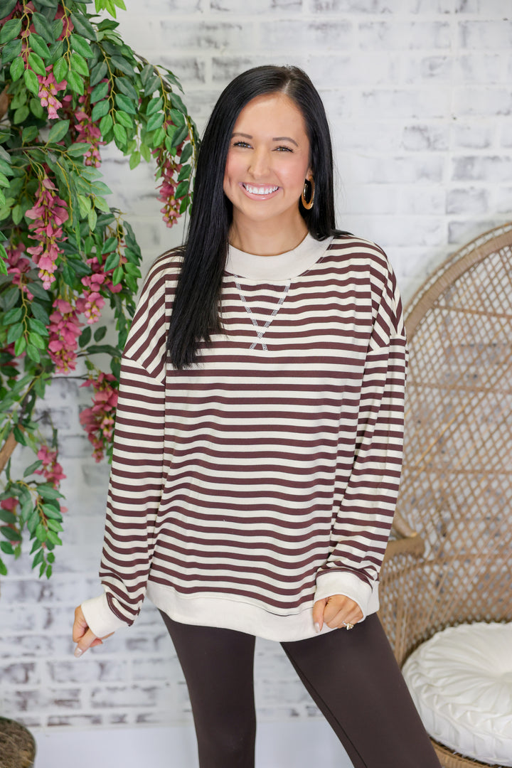 Mock Neck Striped Terry Lounge Sweatshirt "Chocolate/Ivory"