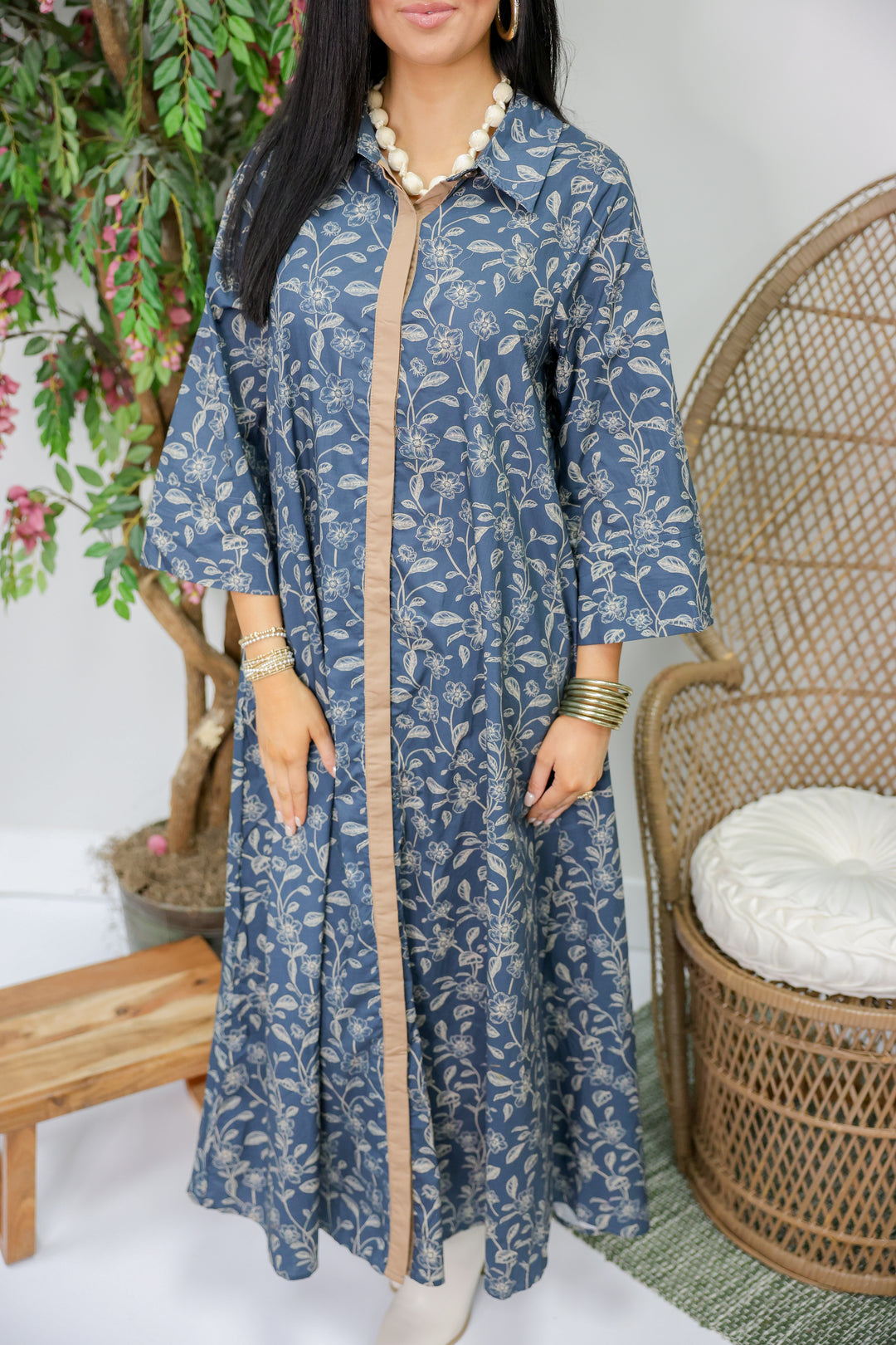 Floral Print 3/4 Sleeve Midi Dress "Dk Navy"
