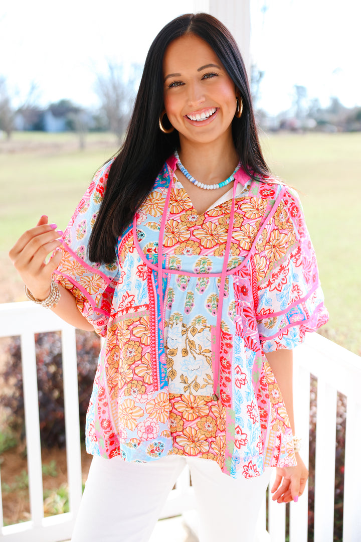 Jasmine Pink Trim Printed Top