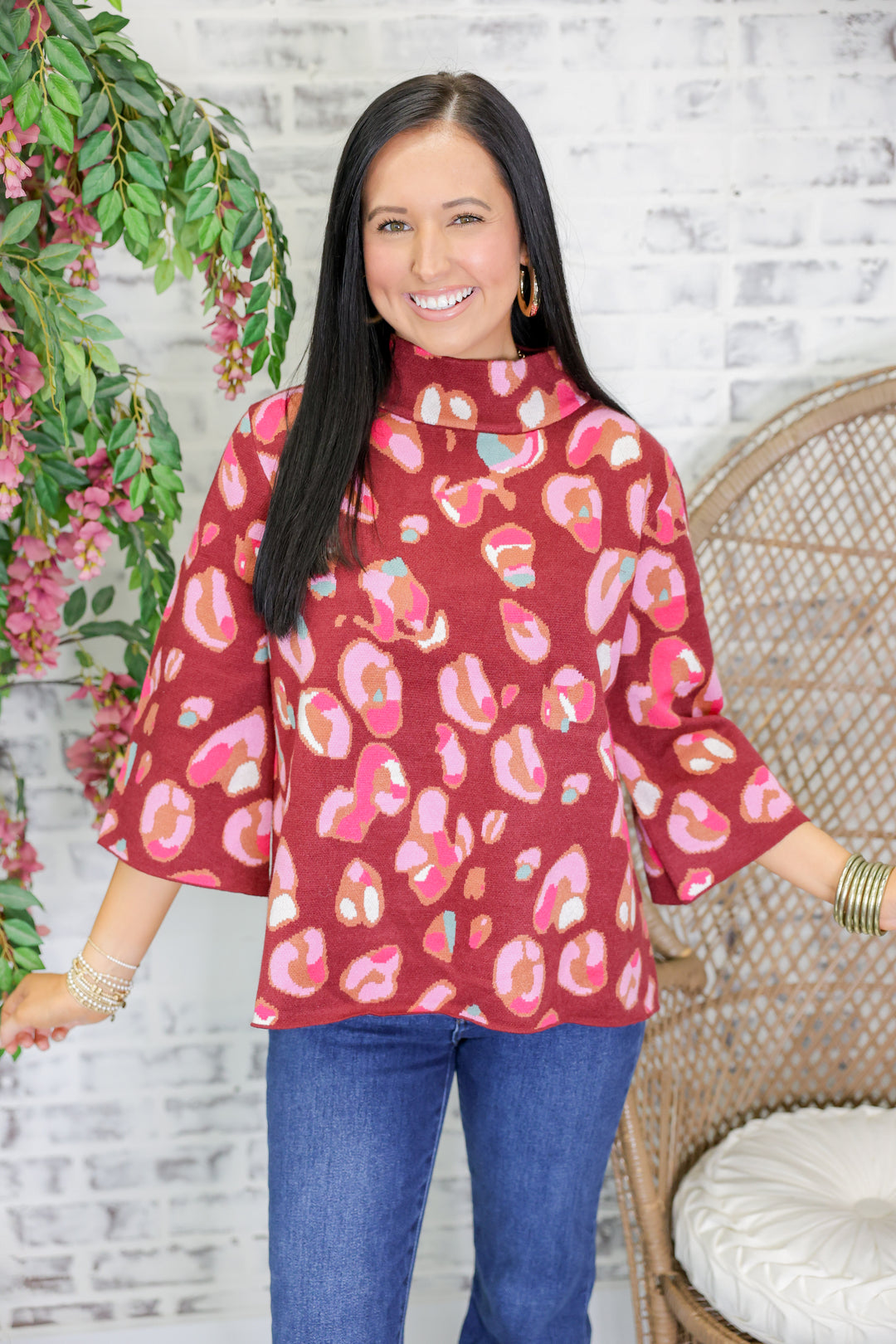Animal Pattern Mock Neck Bell Sleeve Sweater "Wine Multi"