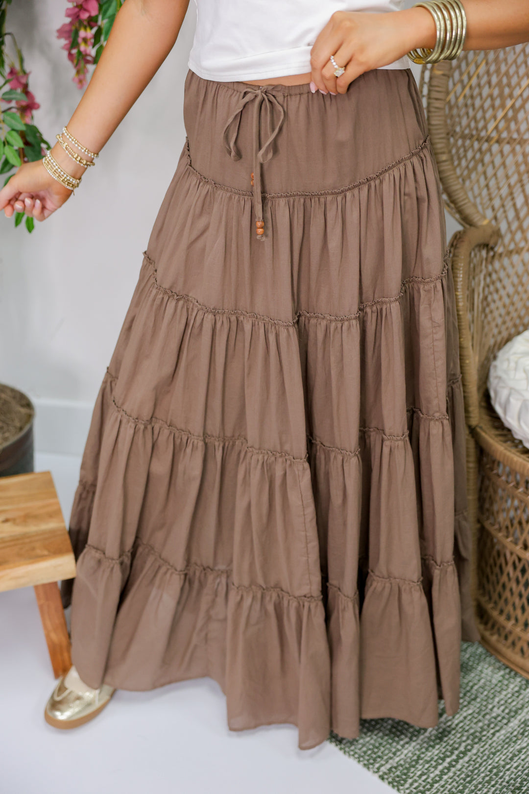 Drawstring Detail Tiered Maxi Skirt "Mocha"