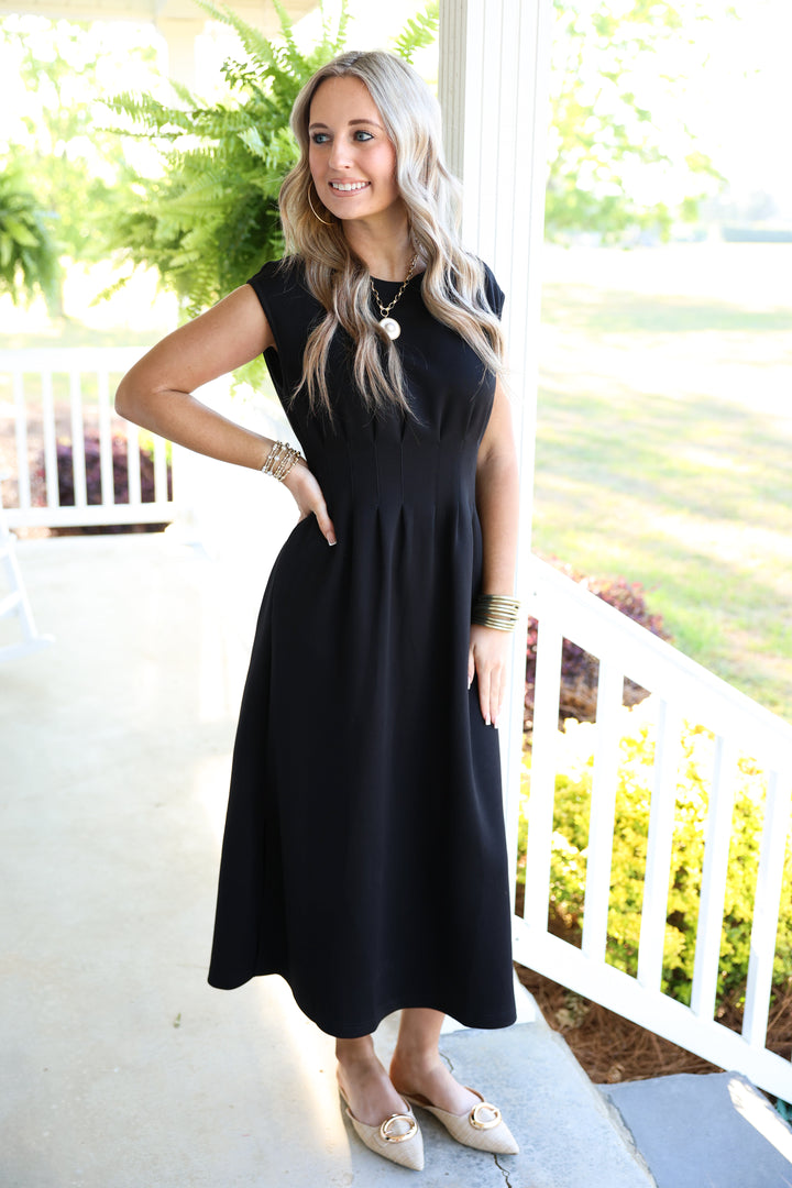 Solid Cap Sleeve W/ Pintuck Waist Midi Dress "Black"