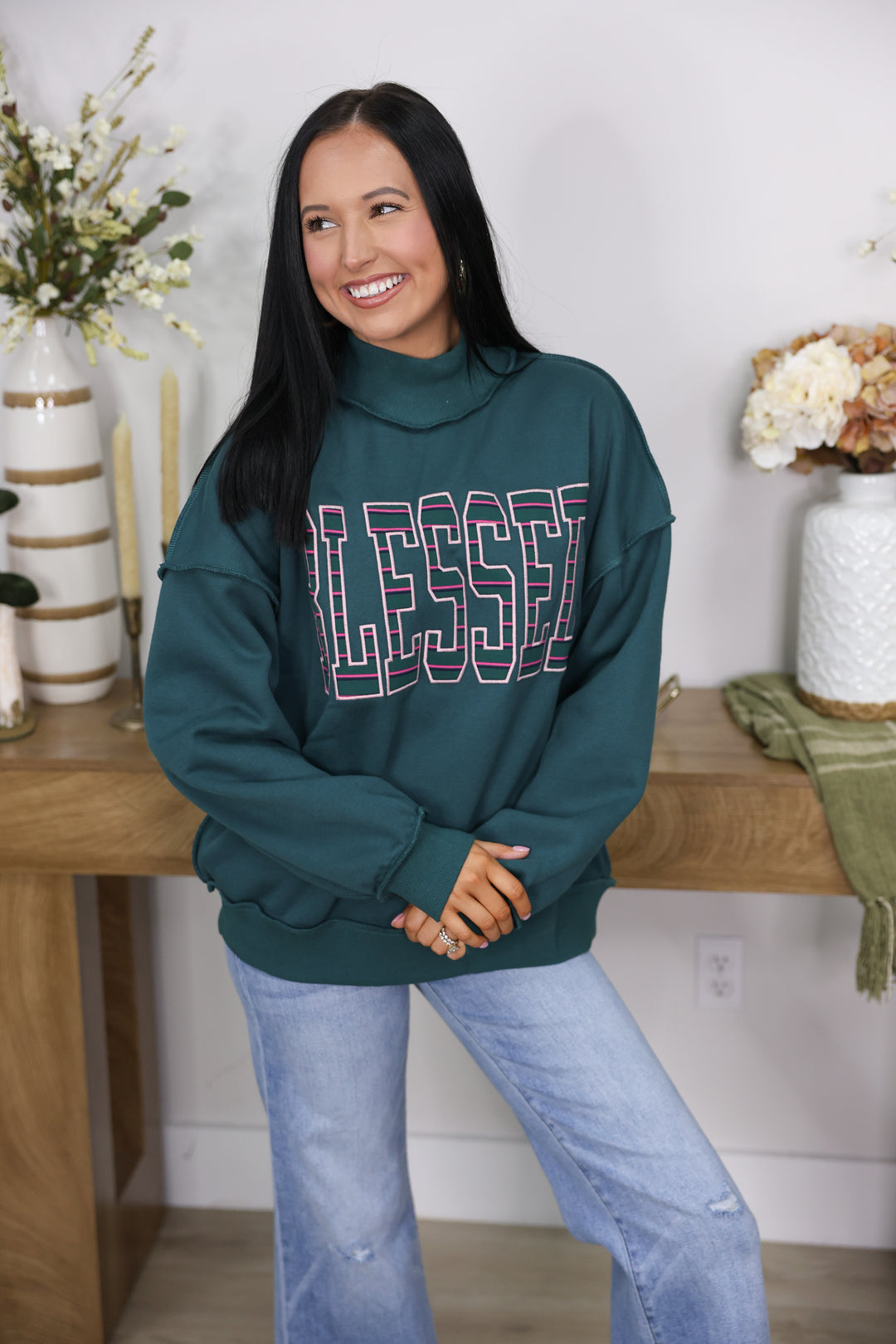 "Blessed" Mock Neck Sweatshirt "Hunter Green"