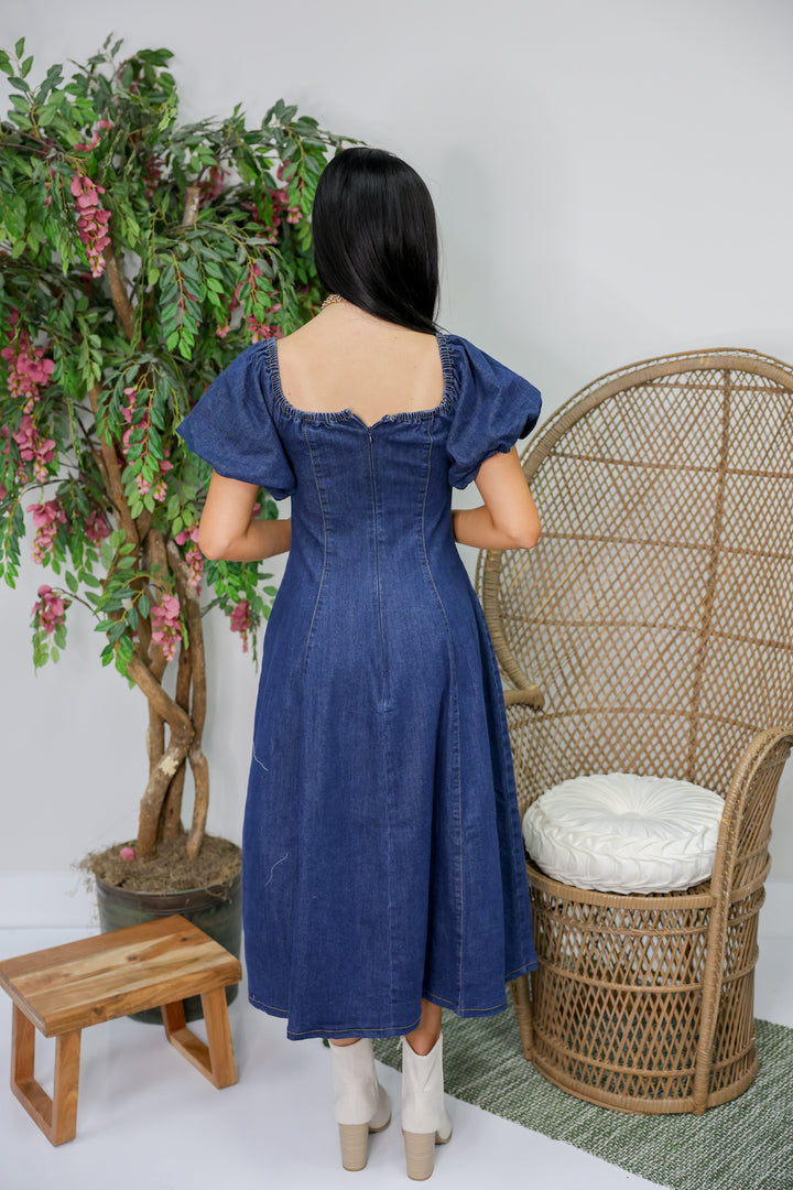 Mineral Washed Puff Sleeve Midi Dress "Denim"