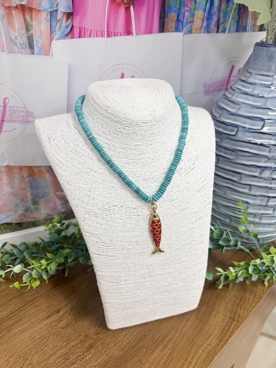 Hart Designs Jewelry - Turquoise Beaded Necklace "Red/Gold Fish Charm"
