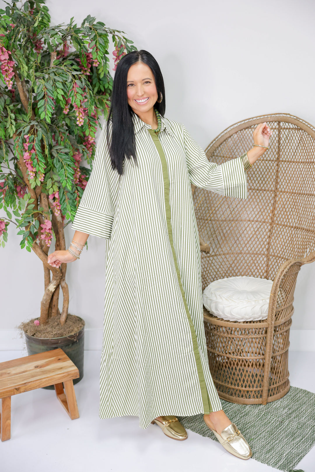 Sarah Striped 3/4 Sleeve Midi Dress "Olive"