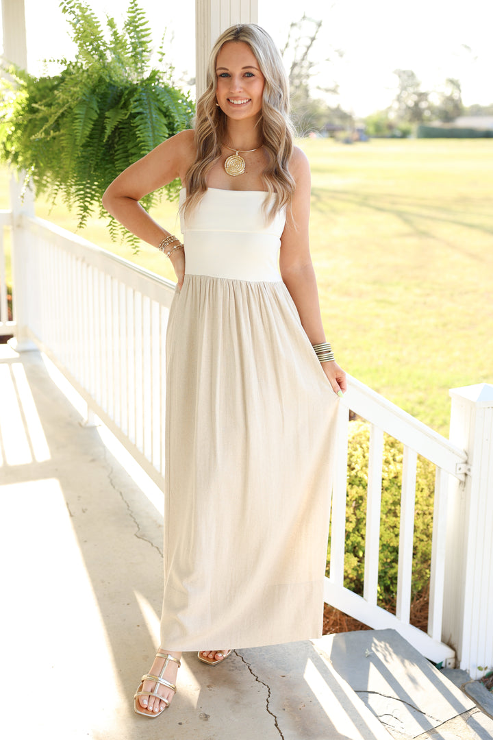 Linen Ribbed Knitted Top Combo Dress "White/Oatmeal"