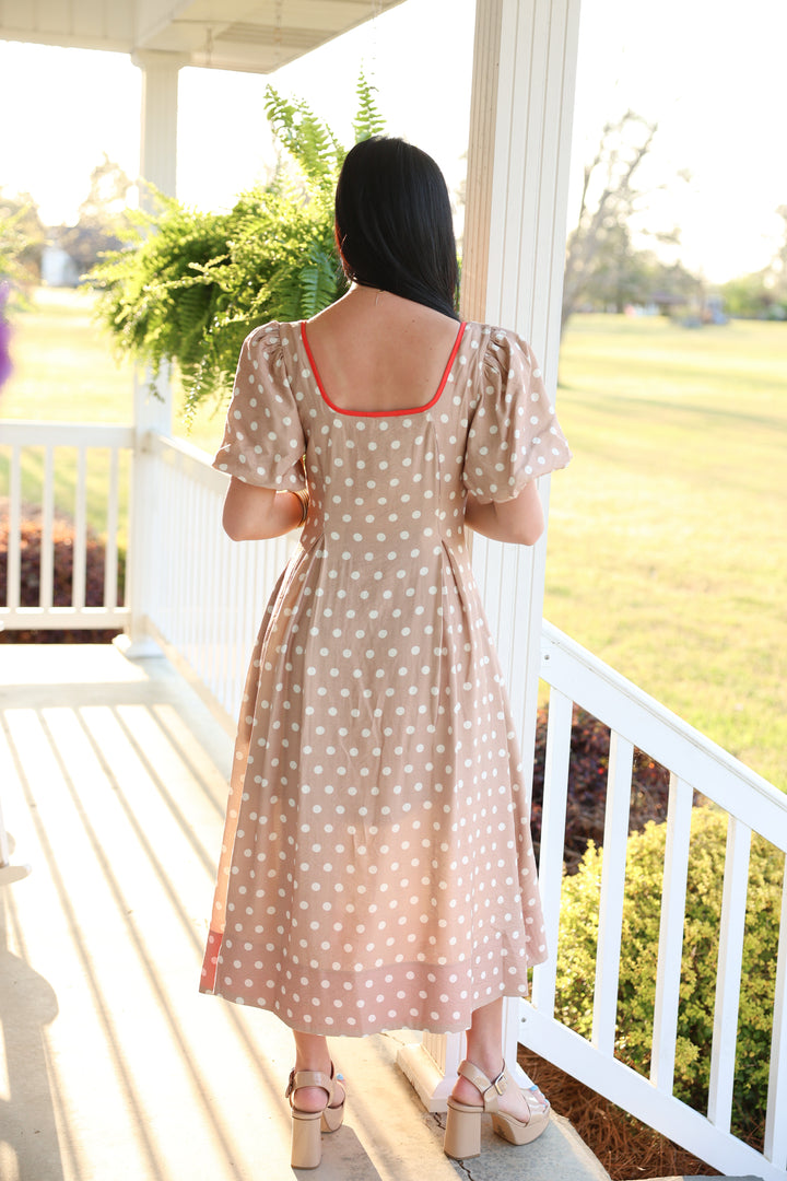 Polka Dot Short Puff Sleeve Midi Dress "Sand"