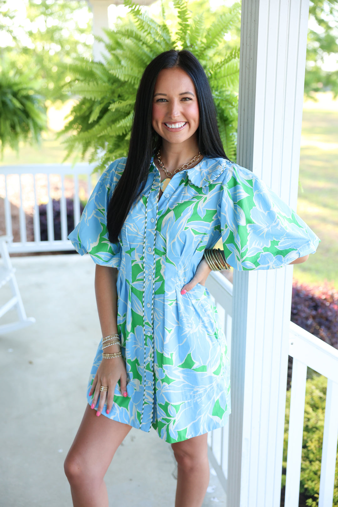 Ember Floral Puff Sleeve Mini Dress "Green/Blue"