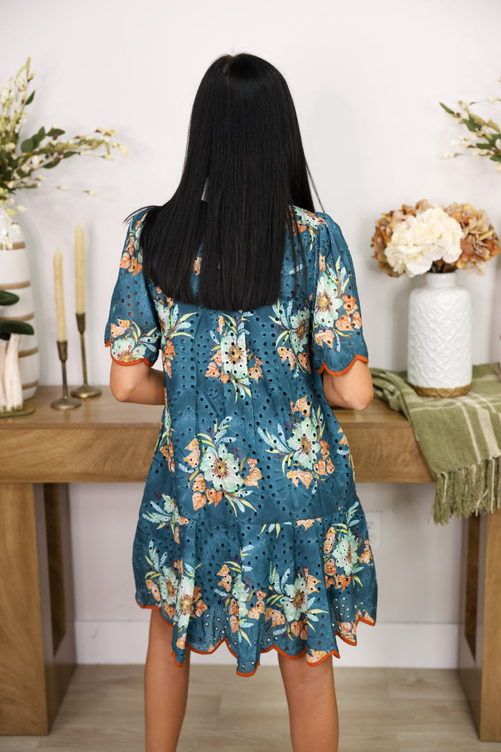 Teal Blossom Eyelet Detail Dress