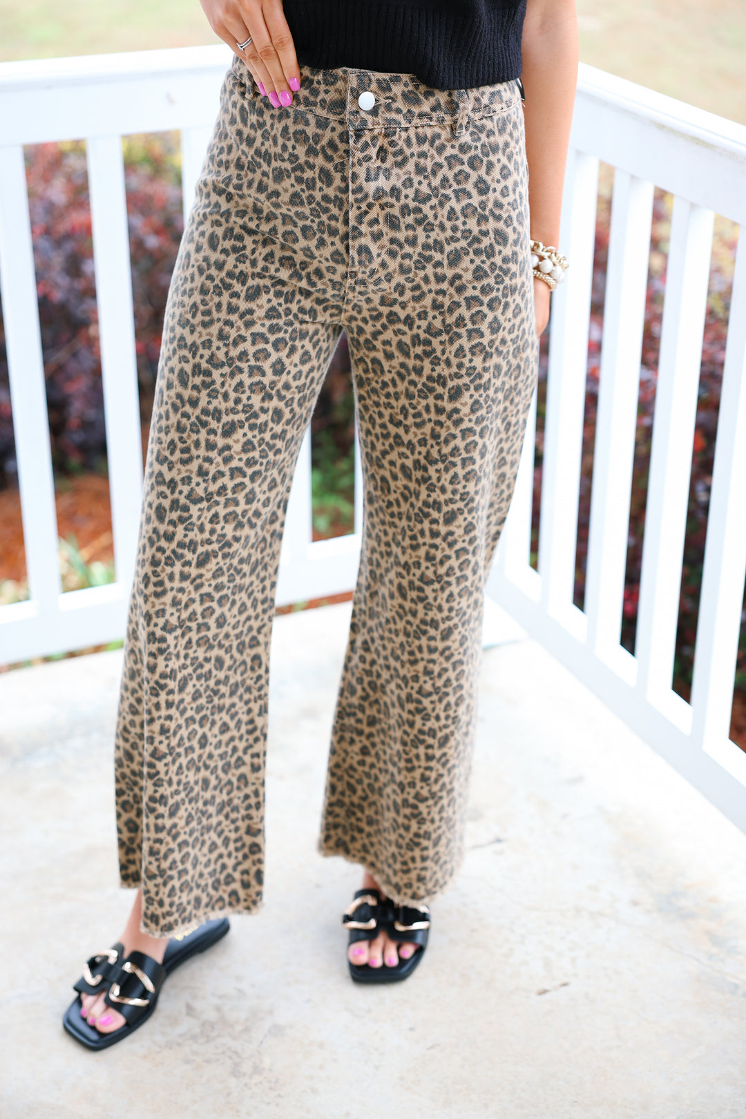 Mid Rise Leopard Twill Denim Frayed Hem Wide Leg Pants