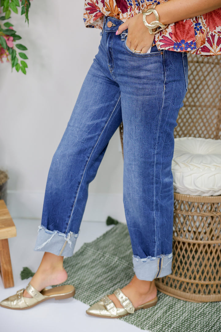 Risen - High Rise Crop Boyfriend Cuffed Jeans "Medium"