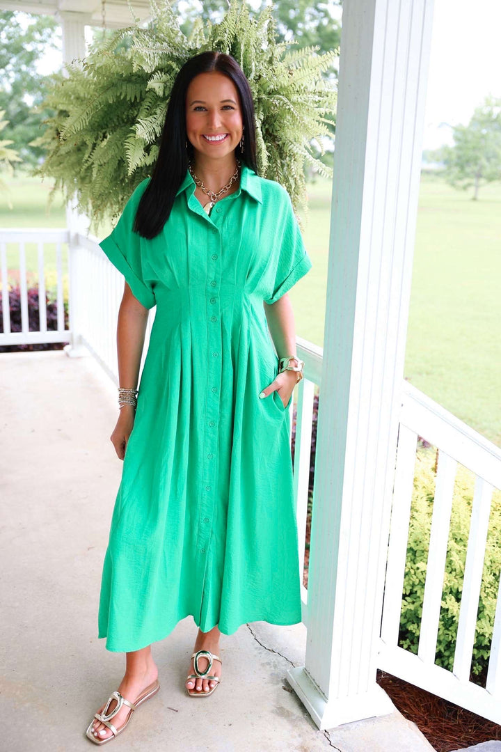 Solid Cuff Short Sleeve Pleated Midi Dress "Green"