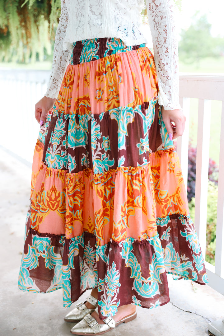 Boho Tiered Maxi Skirt "Coral Paradise"