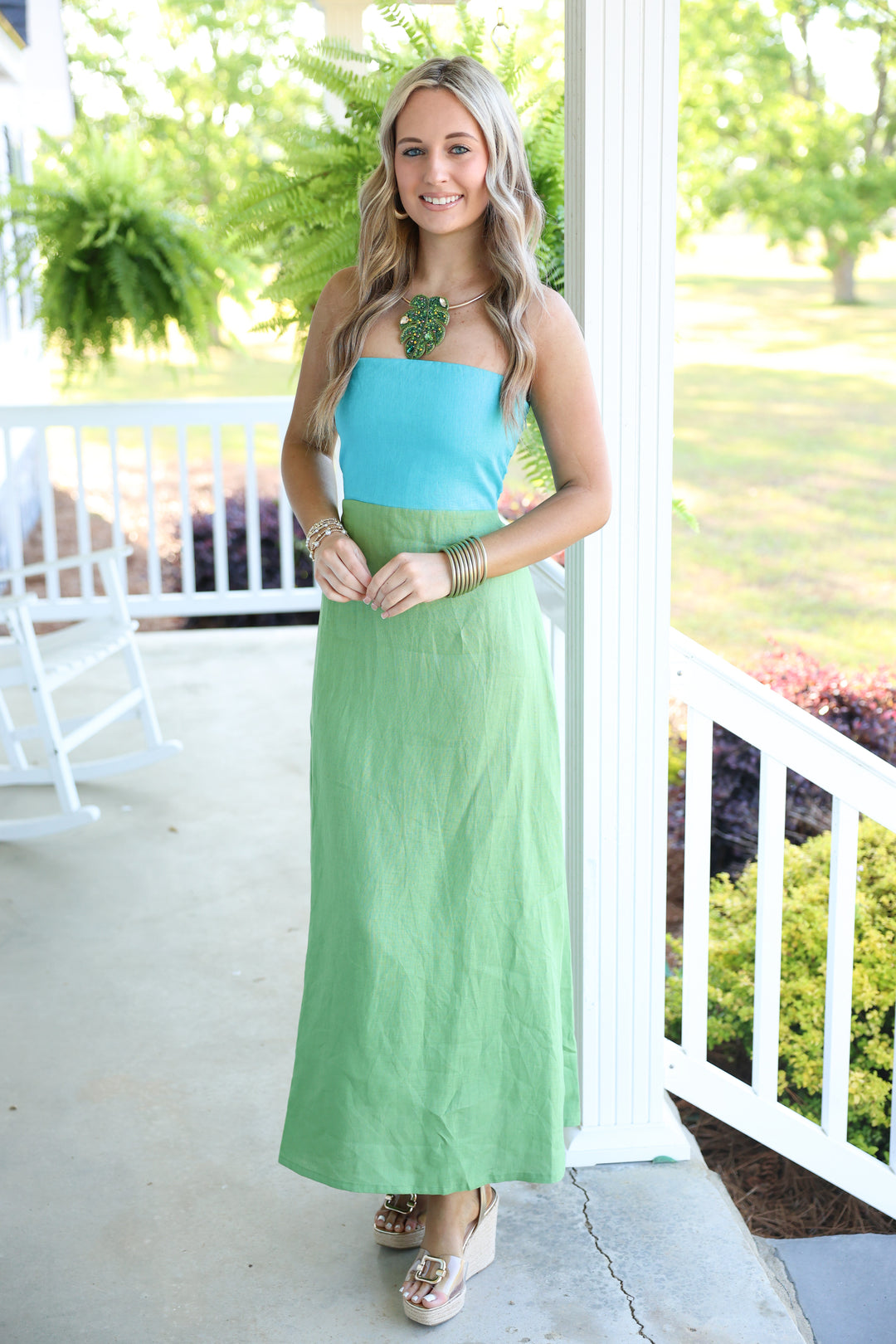 Mei Contrast Strapless Linen Maxi Dress "Aqua Blue/Green"