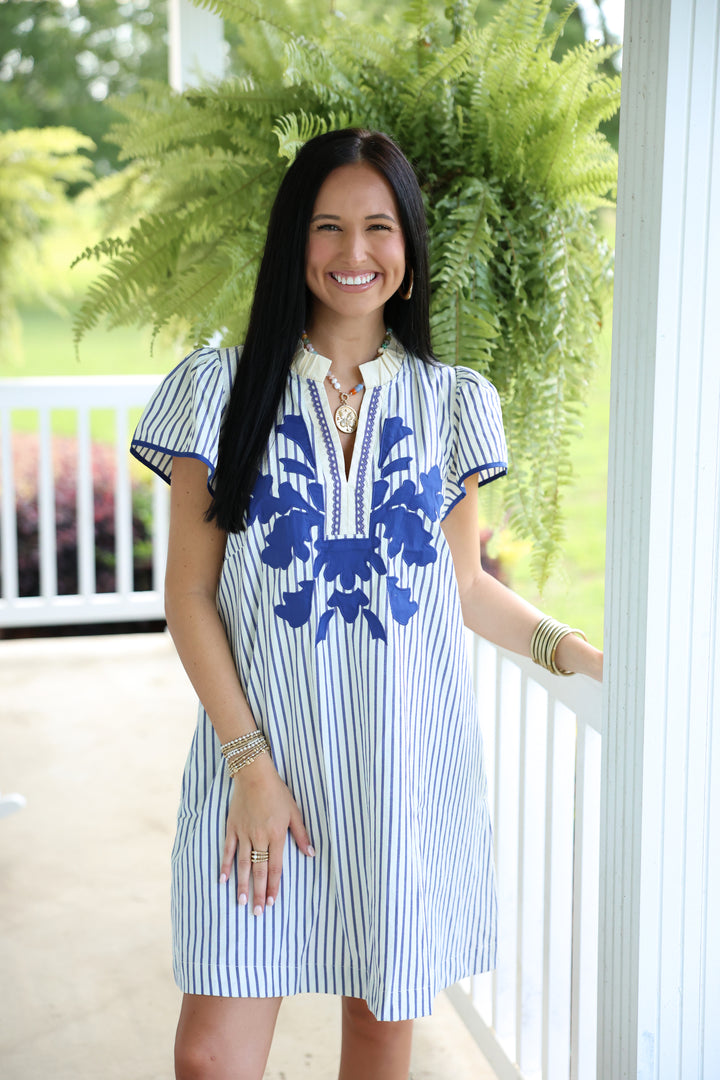 Stripe Ruffle Neck Dress W/ Abstract Applique "Blue"