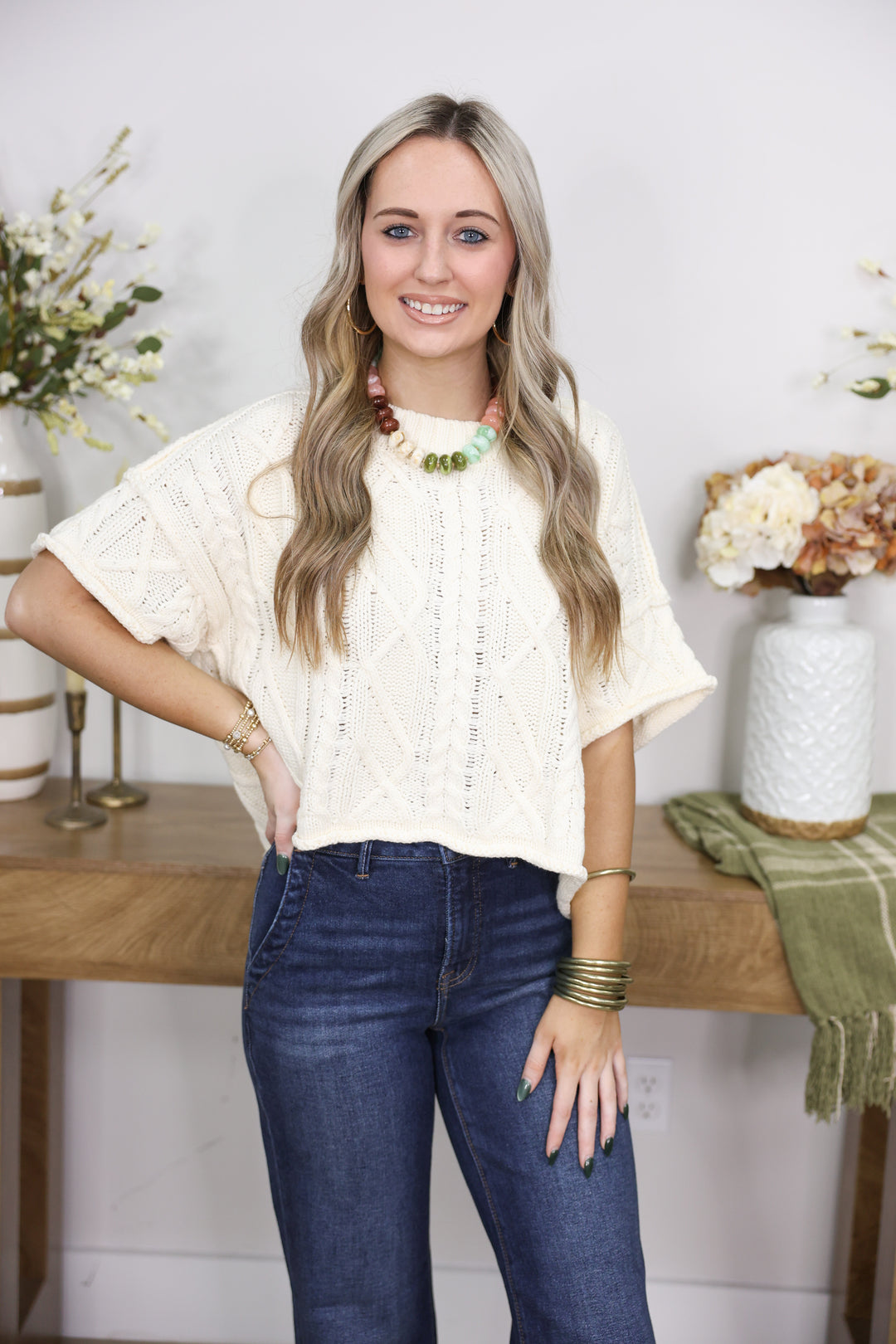 Round Neck Short Sleeve Knit Sweater Top "Cream"