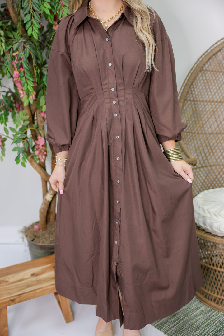 Mary Solid Long Sleeve Midi Dress "Brown"