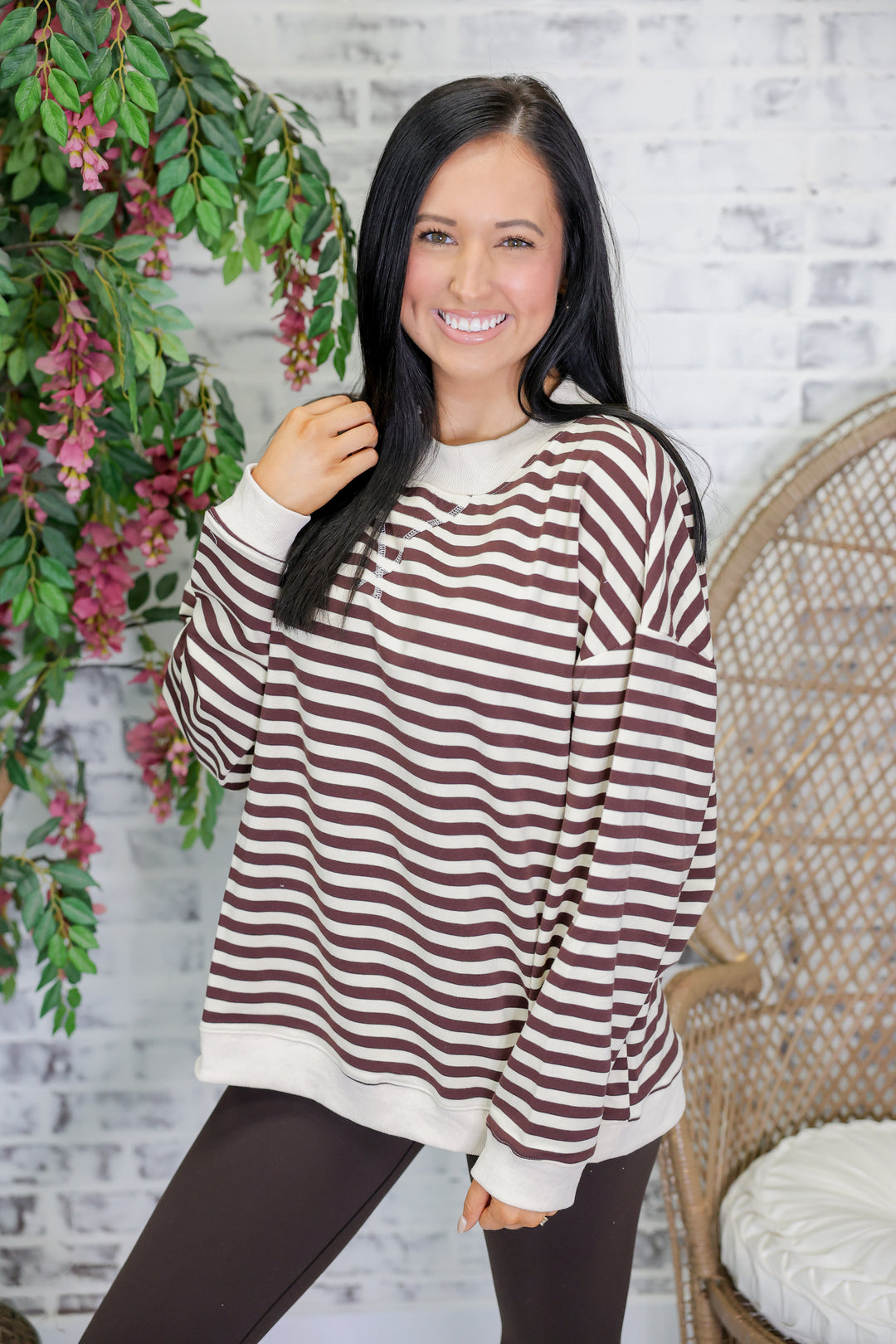 Mock Neck Striped Terry Lounge Sweatshirt "Chocolate/Ivory"